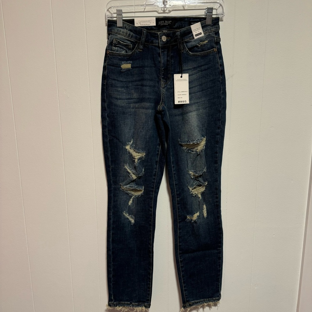 JUDY BLUE High Waist Boyfriend Dark Wash Distressed Jean